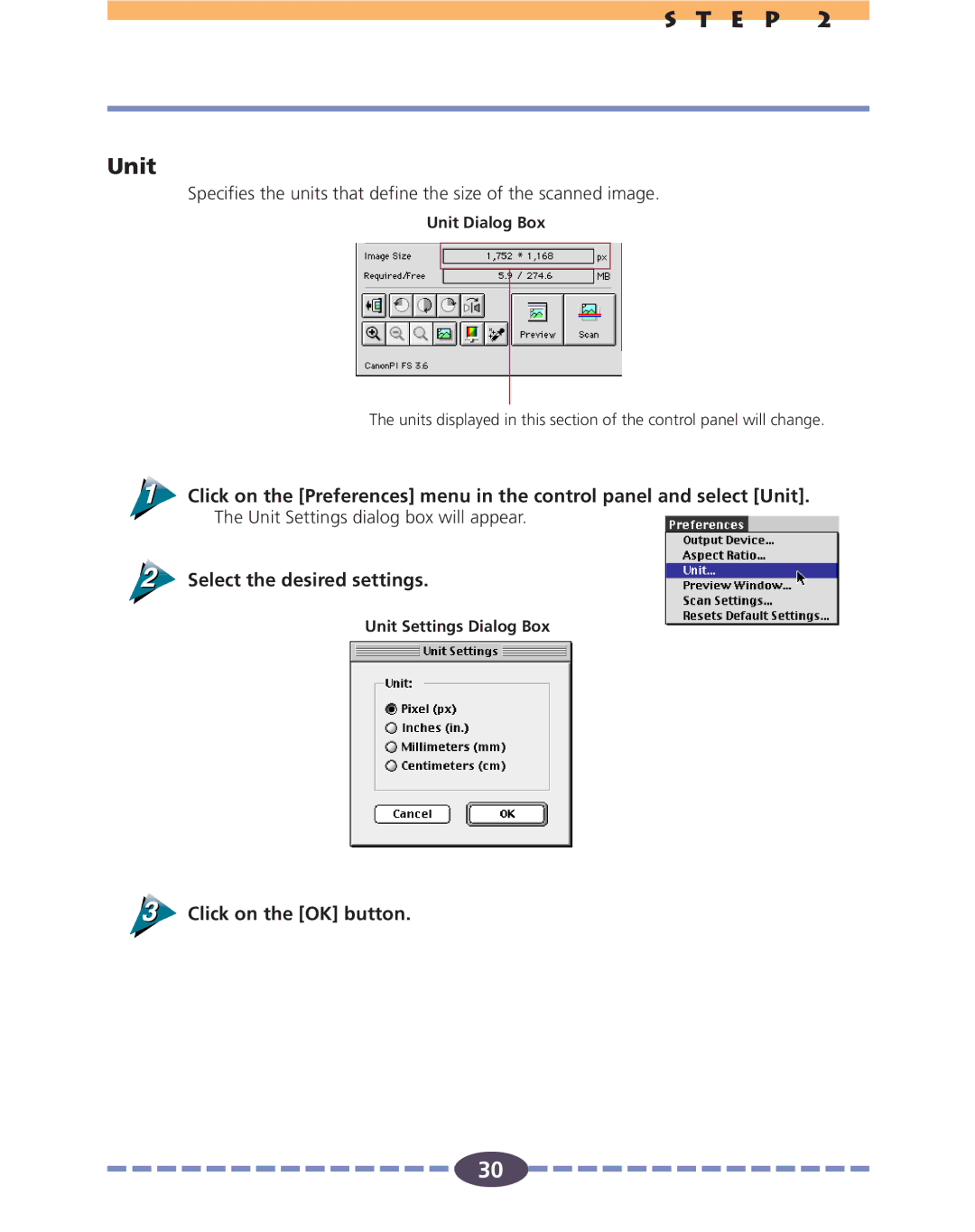 Canon FS 2710 manual E P Unit, Unit Dialog Box, Unit Settings Dialog Box 