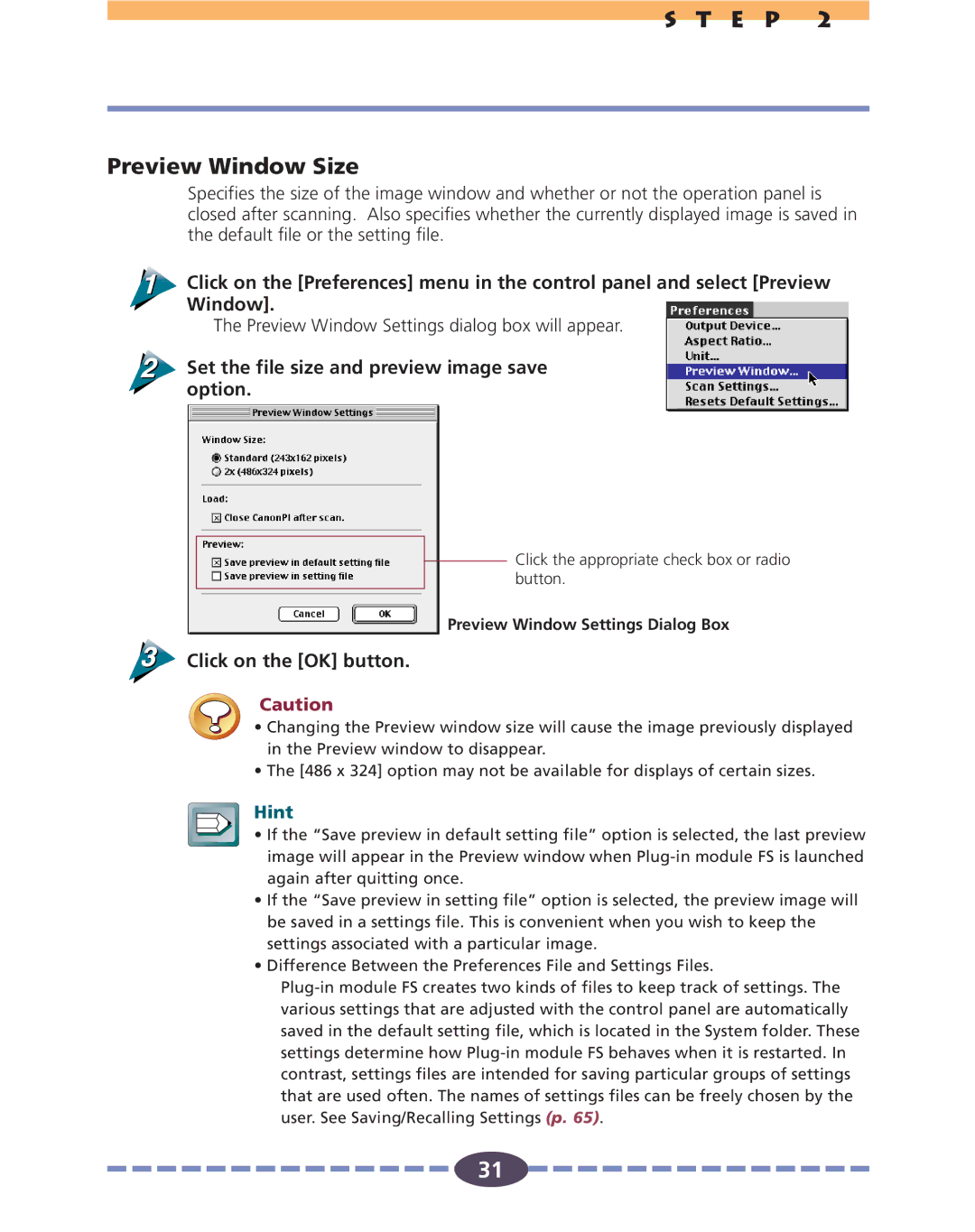 Canon FS 2710 E P Preview Window Size, Set the file size and preview image save option, Preview Window Settings Dialog Box 