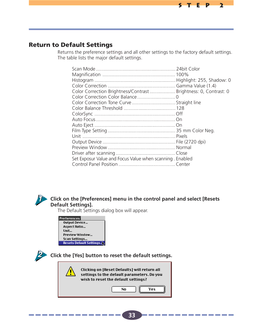 Canon FS 2710 manual E P Return to Default Settings, Click the Yes button to reset the default settings 