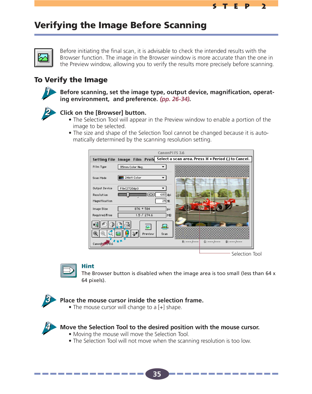 Canon FS 2710 Verifying the Image Before Scanning, To Verify the Image, Place the mouse cursor inside the selection frame 