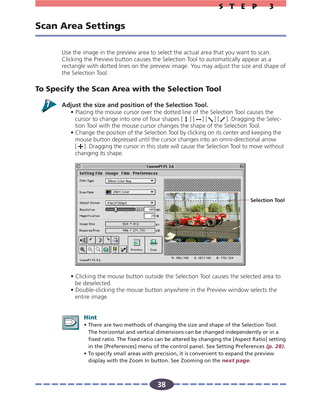 Canon FS 2710 manual Scan Area Settings, To Specify the Scan Area with the Selection Tool 