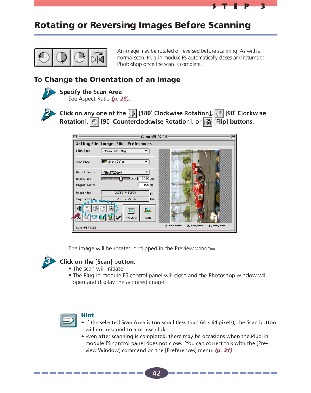 Canon FS 2710 manual Rotating or Reversing Images Before Scanning, To Change the Orientation of an Image 