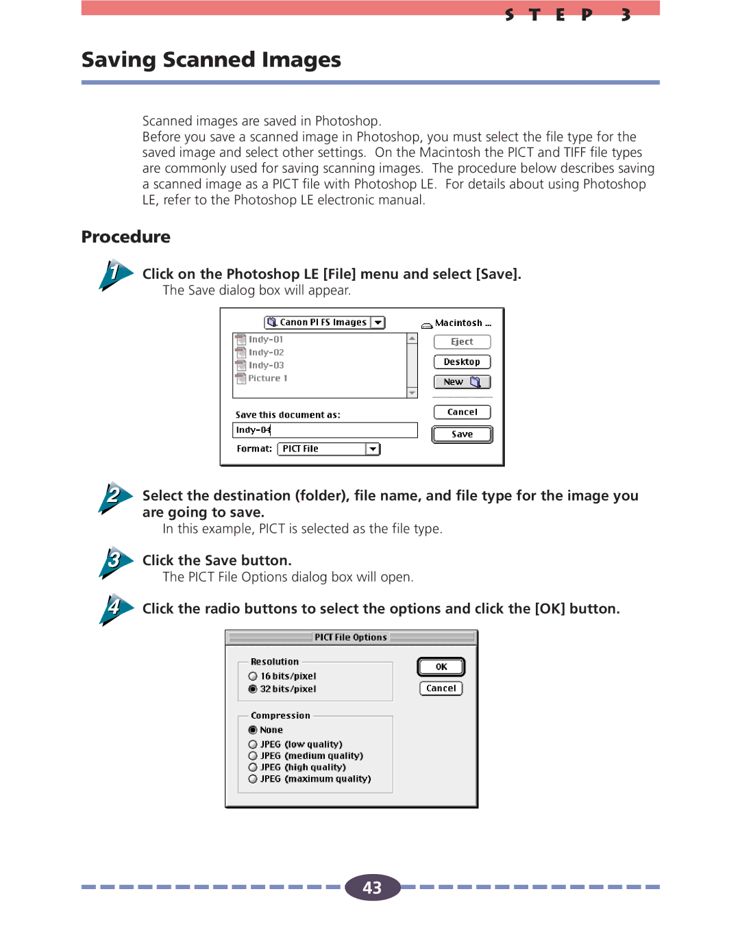 Canon FS 2710 manual Saving Scanned Images, Click on the Photoshop LE File menu and select Save, Click the Save button 