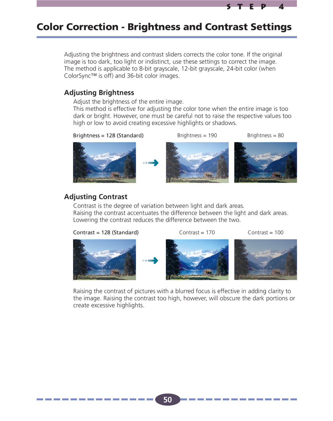 Canon FS 2710 manual Color Correction Brightness and Contrast Settings, Adjusting Brightness, Adjusting Contrast 