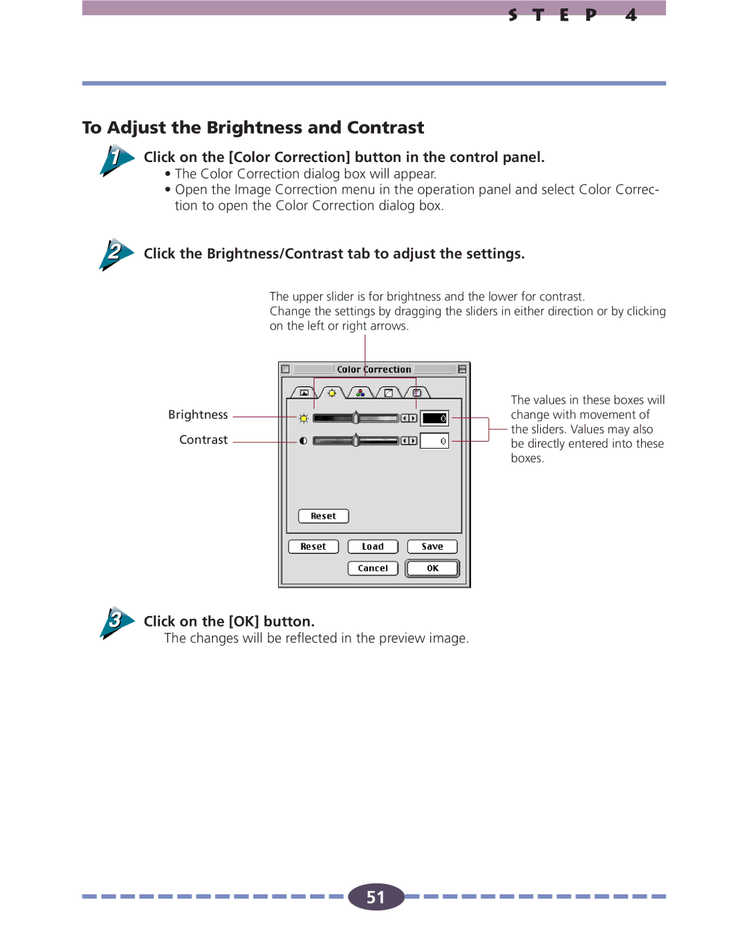 Canon FS 2710 manual E P To Adjust the Brightness and Contrast, Click on the Color Correction button in the control panel 