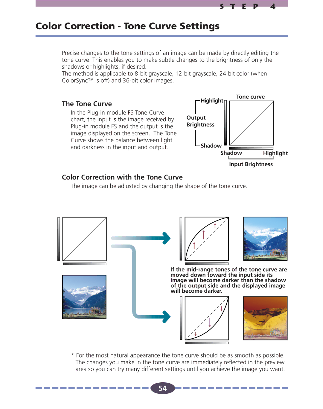 Canon FS 2710 manual Color Correction Tone Curve Settings, Color Correction with the Tone Curve 