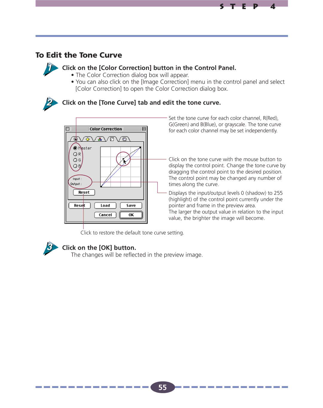 Canon FS 2710 manual E P To Edit the Tone Curve, Click on the Tone Curve tab and edit the tone curve 