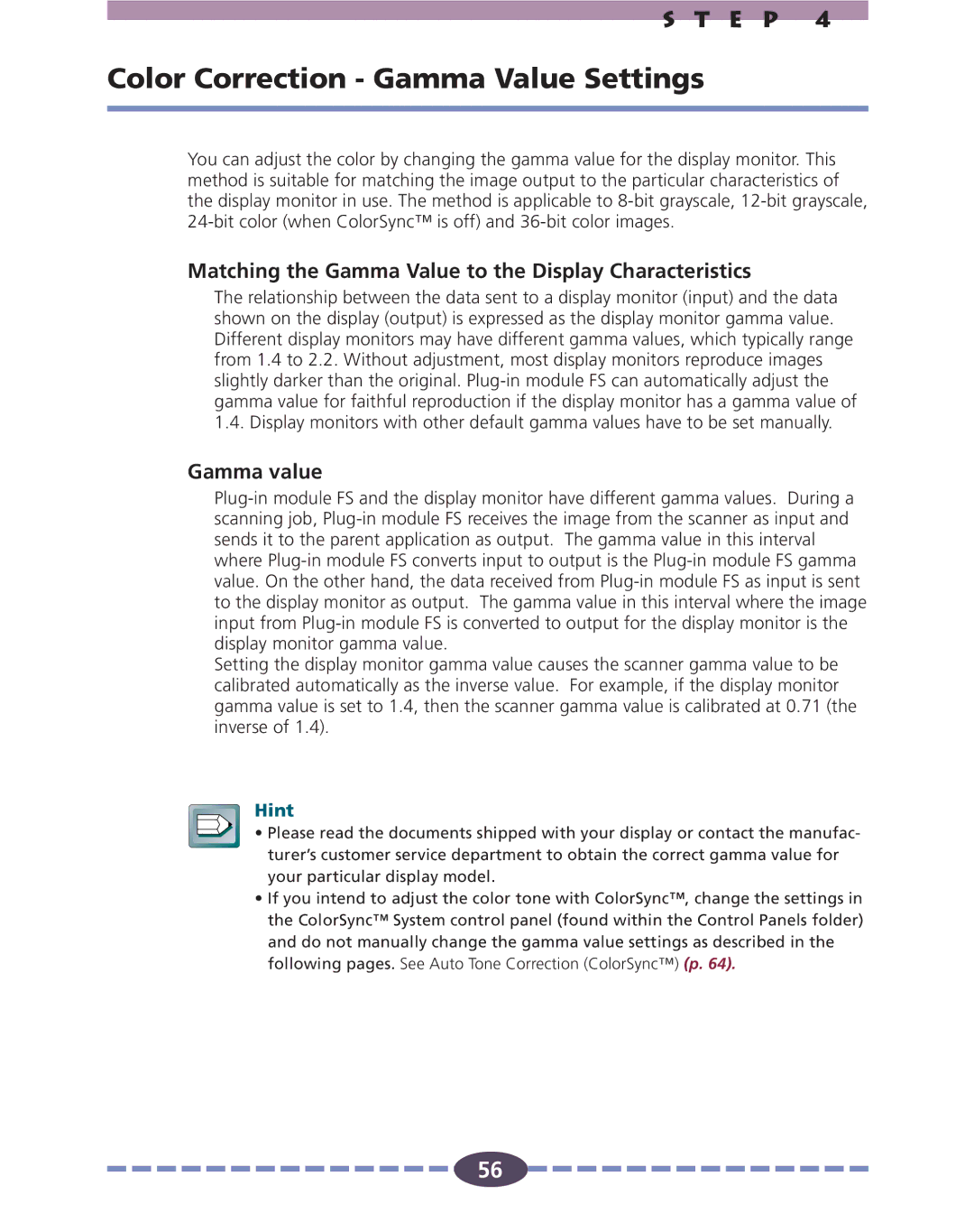 Canon FS 2710 Color Correction Gamma Value Settings, Matching the Gamma Value to the Display Characteristics, Gamma value 