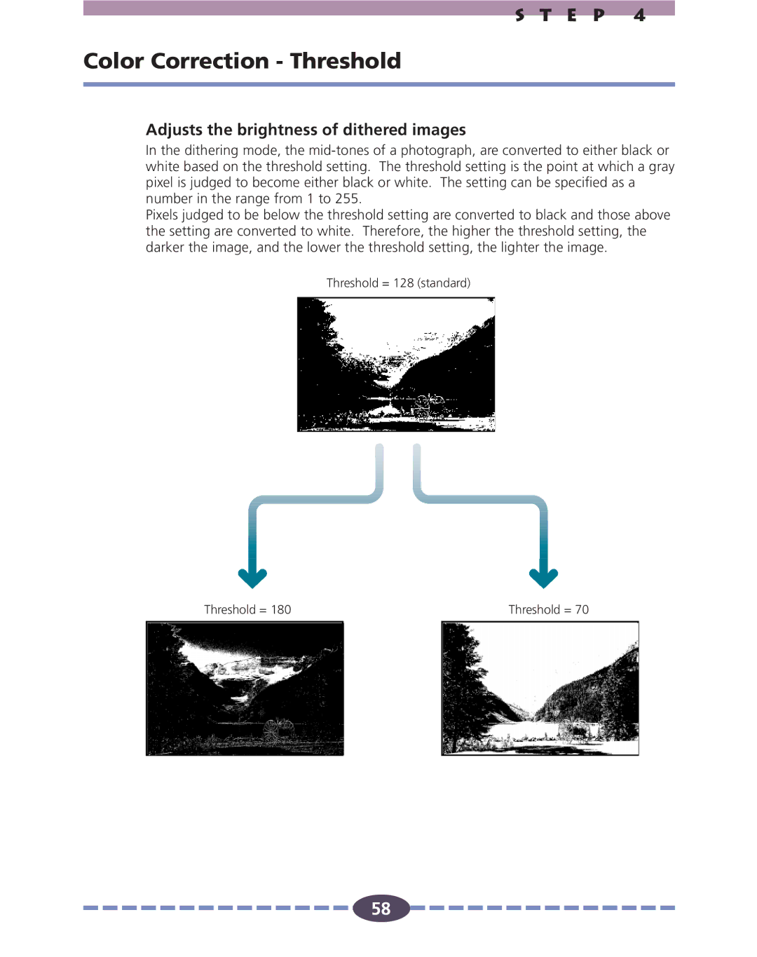 Canon FS 2710 manual Color Correction Threshold, Adjusts the brightness of dithered images 