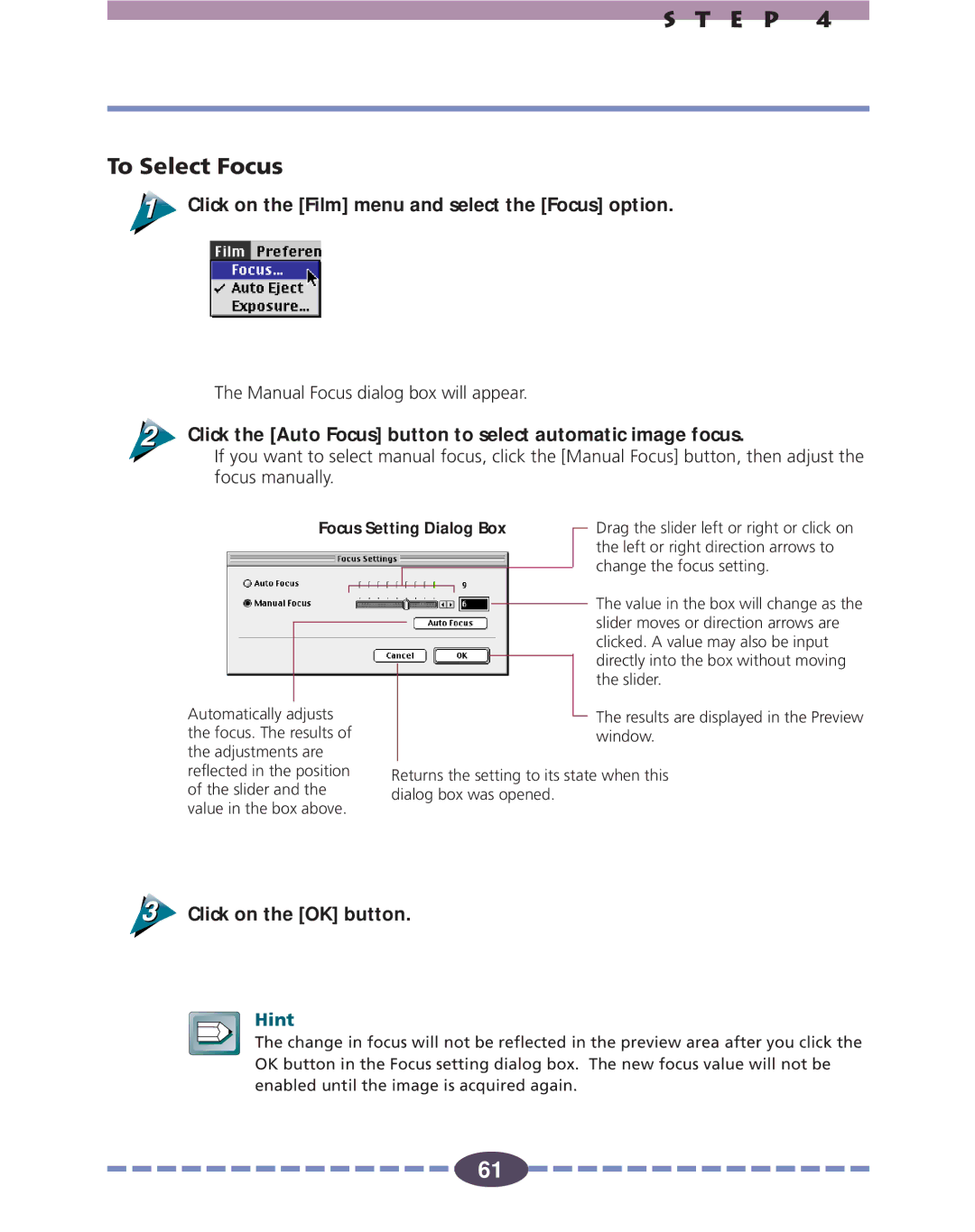 Canon FS 2710 manual E P To Select Focus, Click on the Film menu and select the Focus option, Focus Setting Dialog Box 