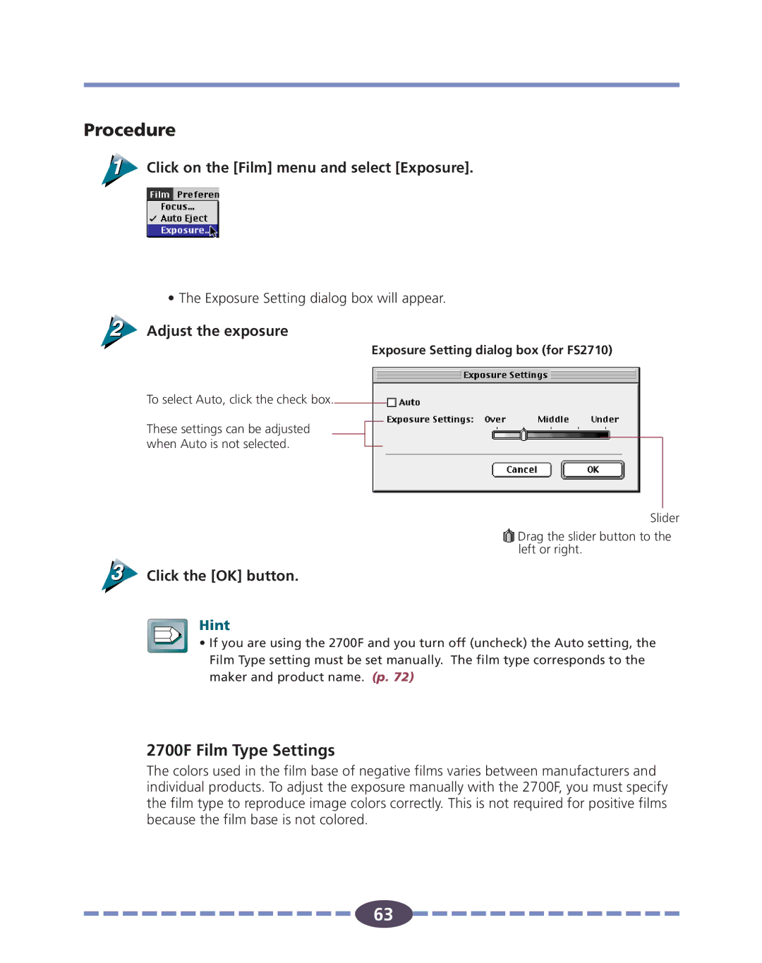 Canon FS 2710 manual 2700F Film Type Settings, Click on the Film menu and select Exposure, Adjust the exposure 