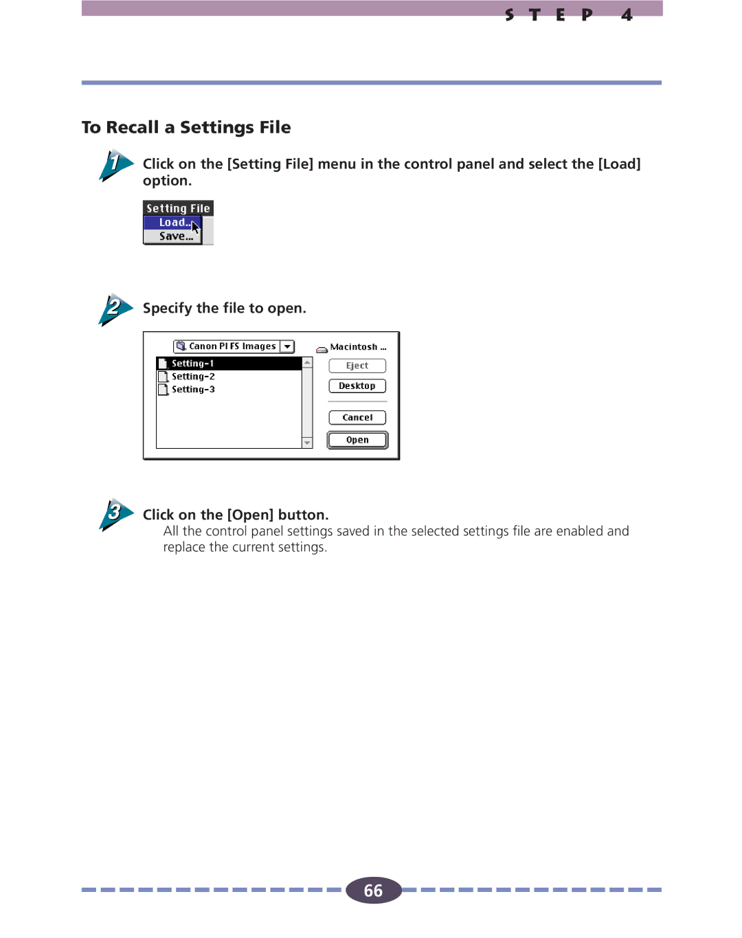 Canon FS 2710 manual E P To Recall a Settings File 