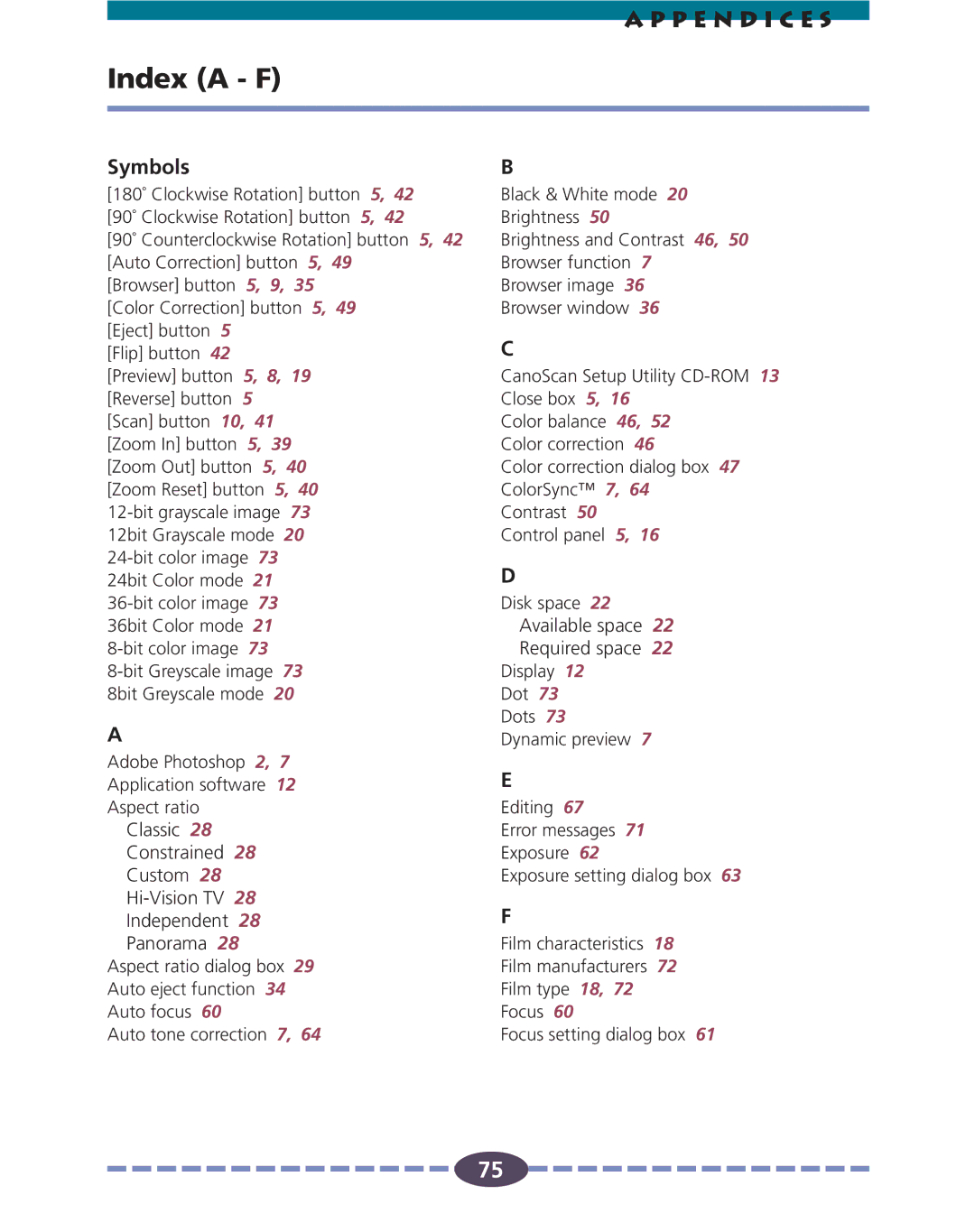 Canon FS 2710 manual Index a F, Symbols 