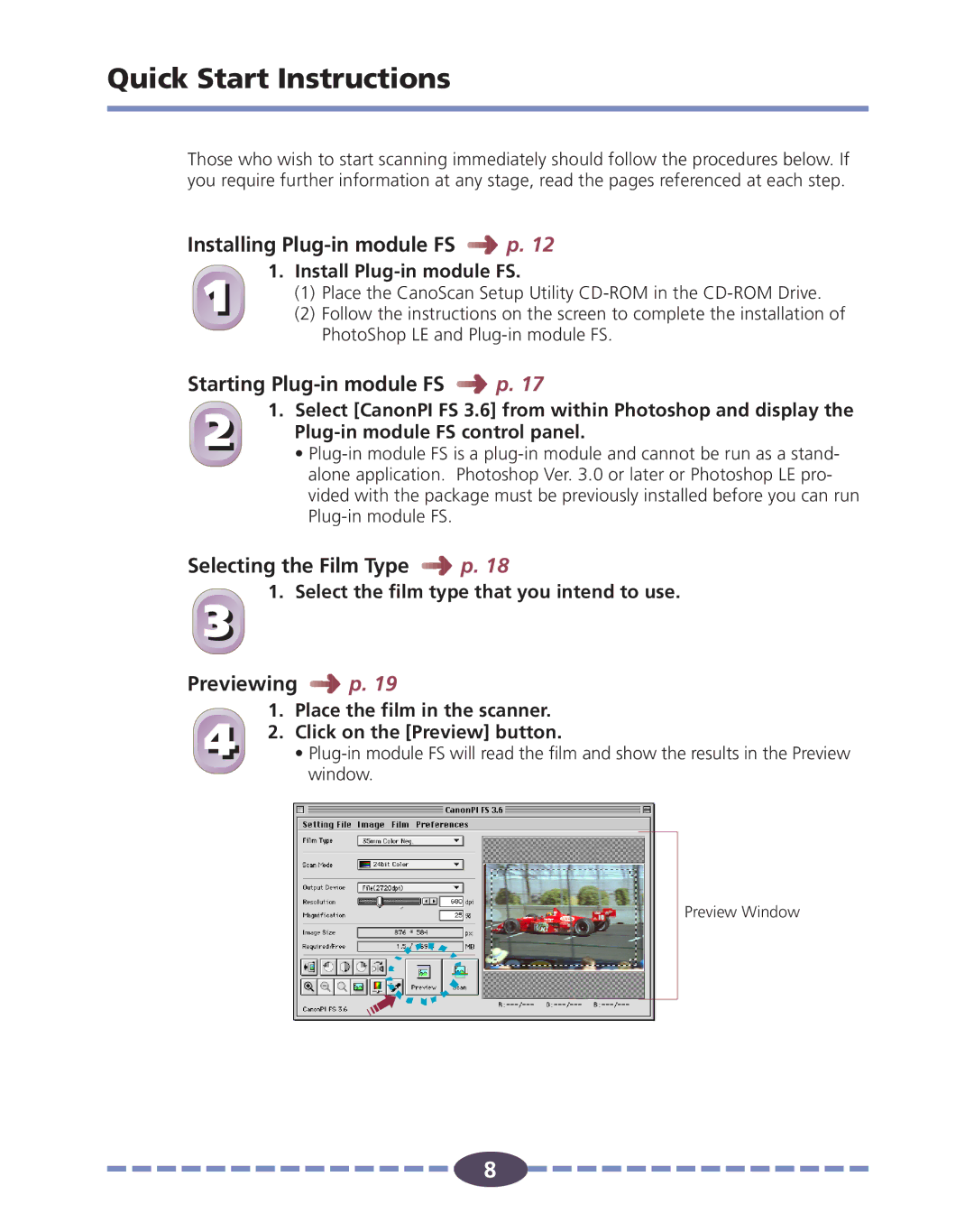 Canon FS 2710 manual Quick Start Instructions, Installing Plug-in module FS, Starting Plug-in module FS, Previewing p 