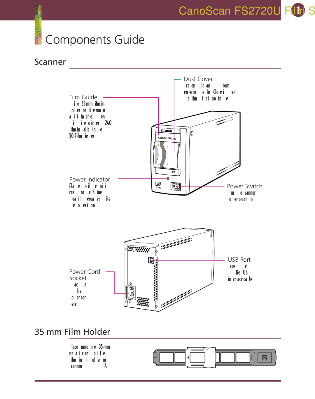 Canon FS 2720 U manual Components Guide, Scanner, Mm Film Holder 