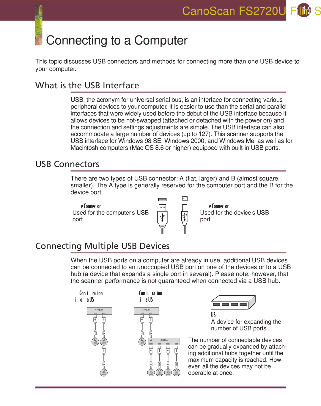 Canon FS 2720 U Connecting to a Computer, What is the USB Interface?, USB Connectors, Connecting Multiple USB Devices 