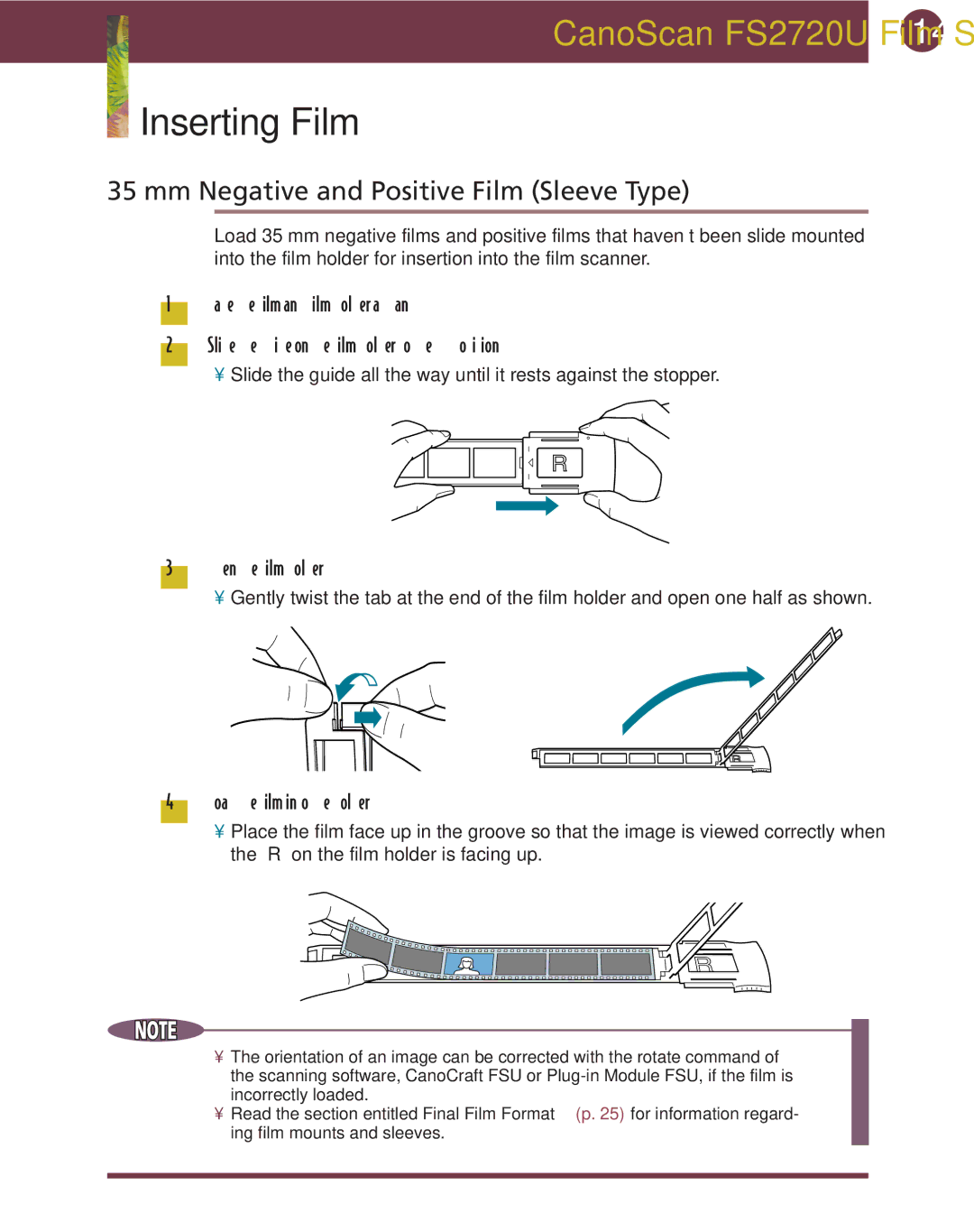 Canon FS 2720 U manual Inserting Film, Mm Negative and Positive Film Sleeve Type, Open the film holder 