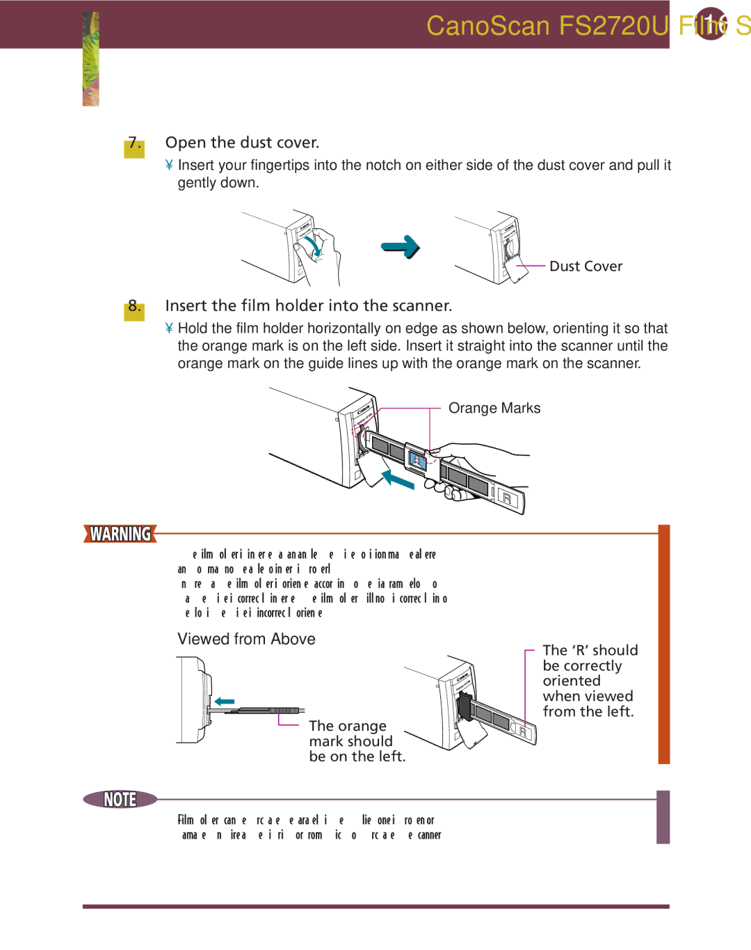 Canon FS 2720 U manual Open the dust cover, Insert the film holder into the scanner 