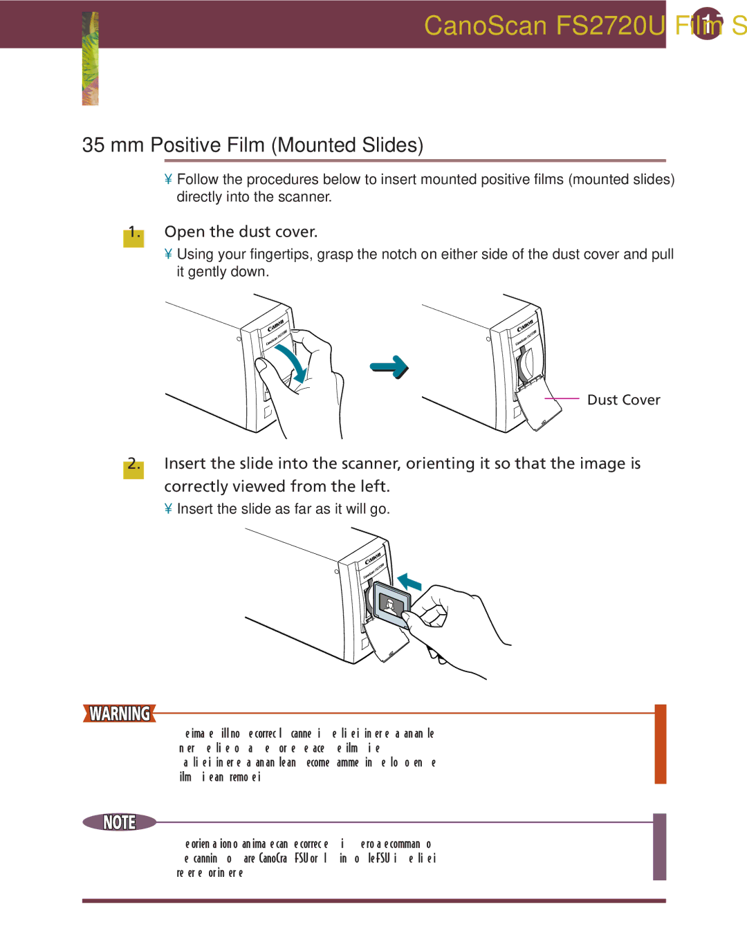 Canon FS 2720 U manual Mm Positive Film Mounted Slides, Insert the slide as far as it will go 