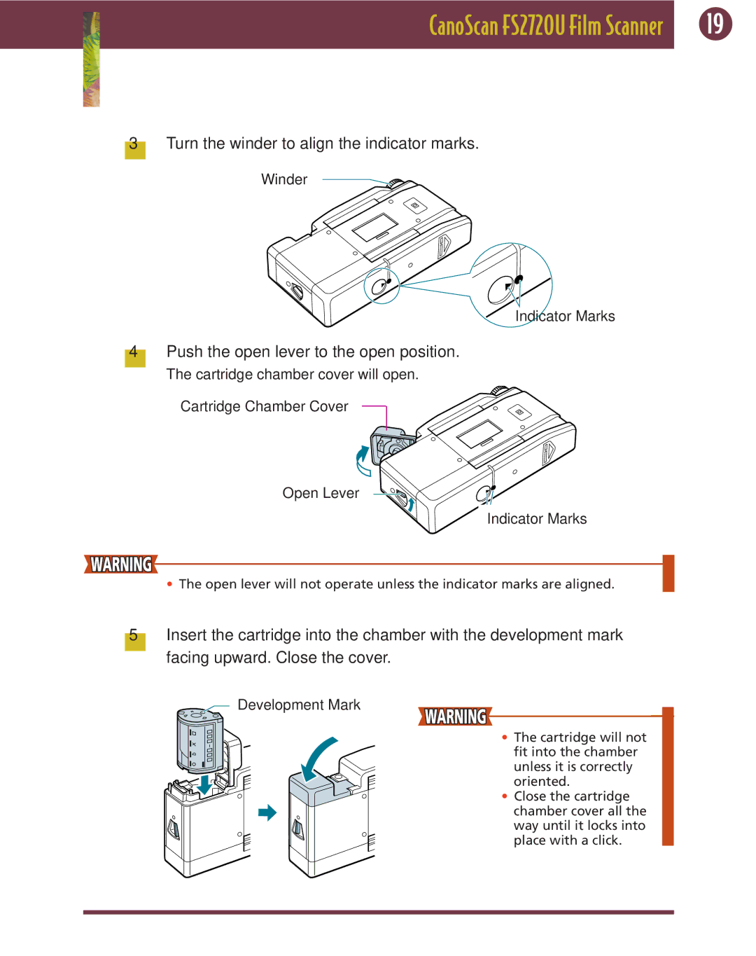 Canon FS 2720 U manual Turn the winder to align the indicator marks, Push the open lever to the open position 