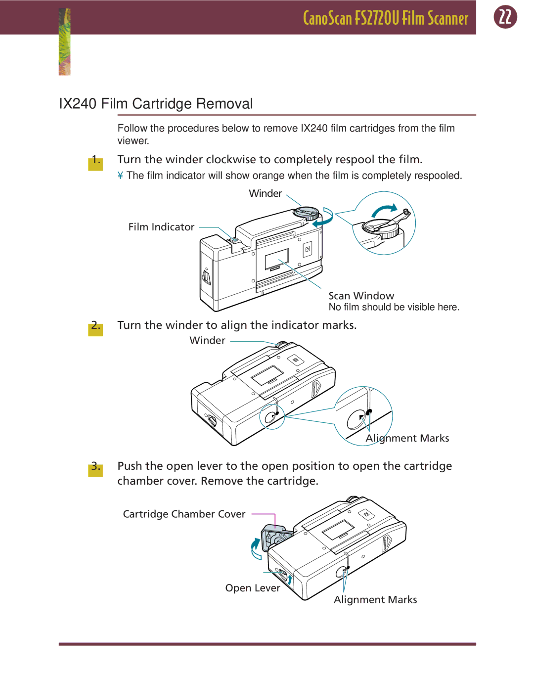 Canon FS 2720 U manual IX240 Film Cartridge Removal, Turn the winder clockwise to completely respool the film 