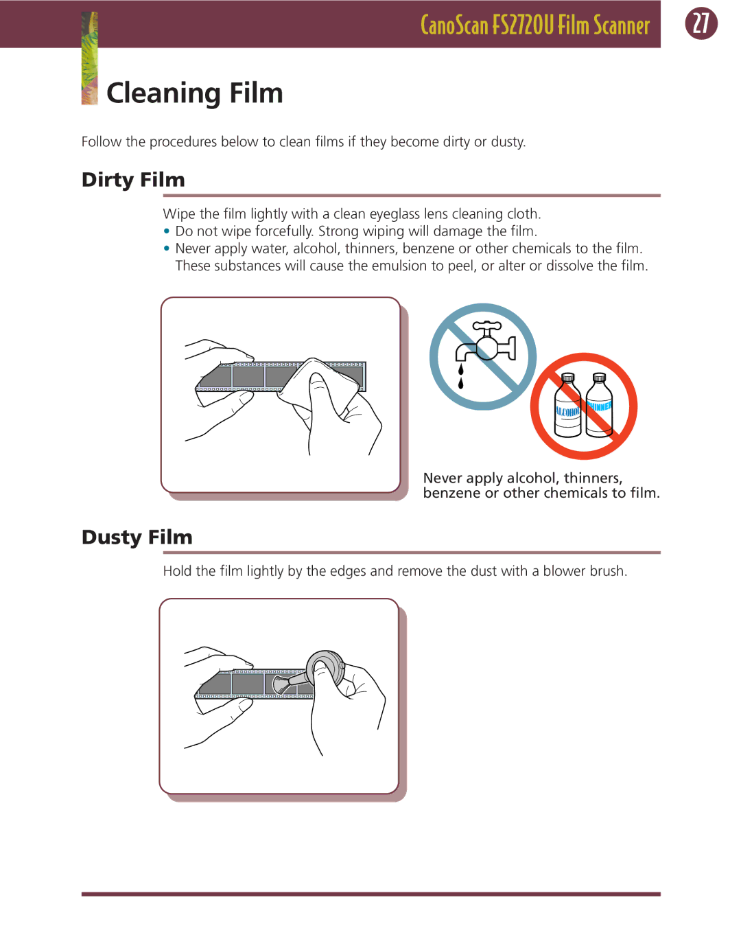 Canon FS 2720 U manual Cleaning Film, Dirty Film, Dusty Film 