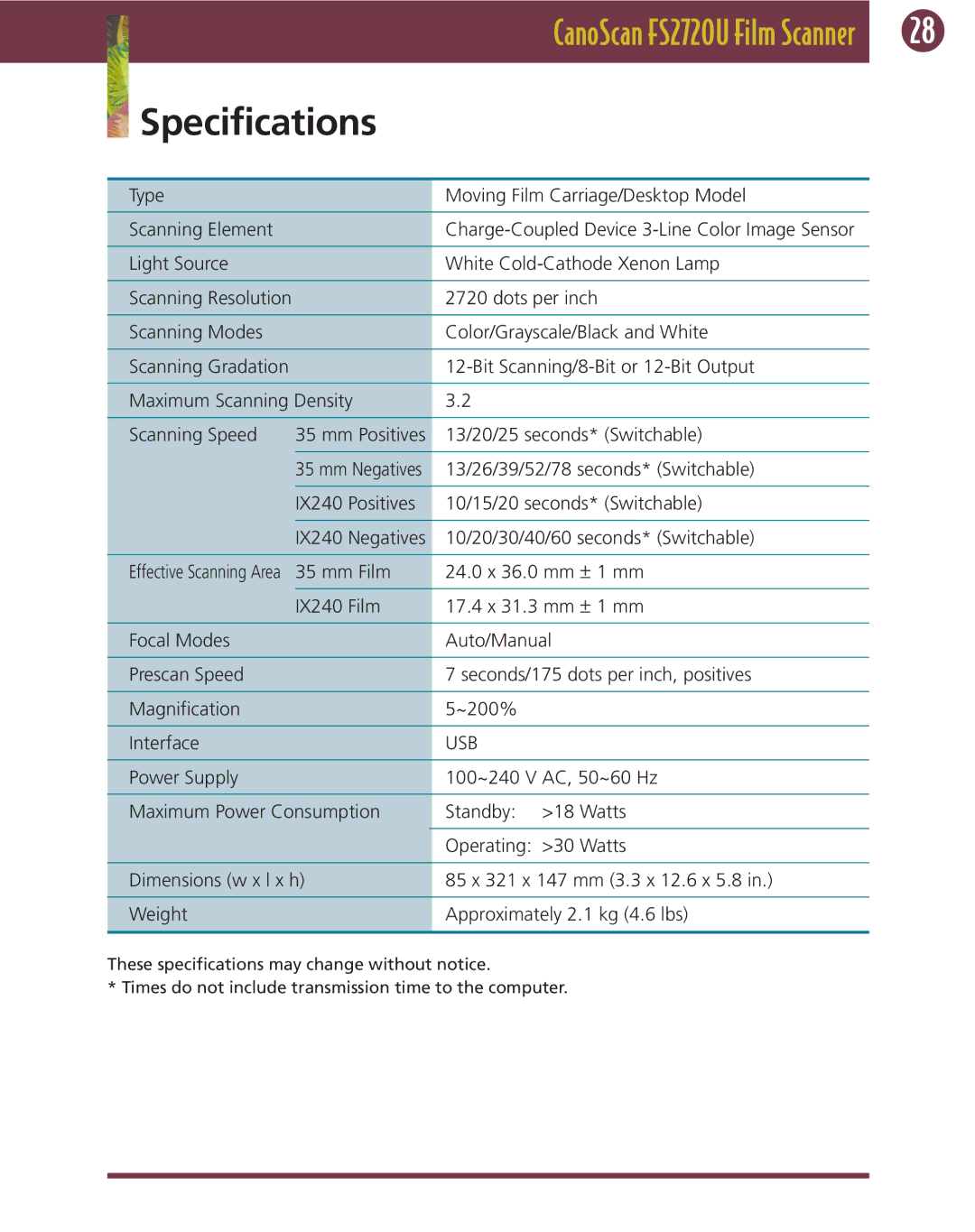 Canon FS 2720 U manual Specifications, Usb 