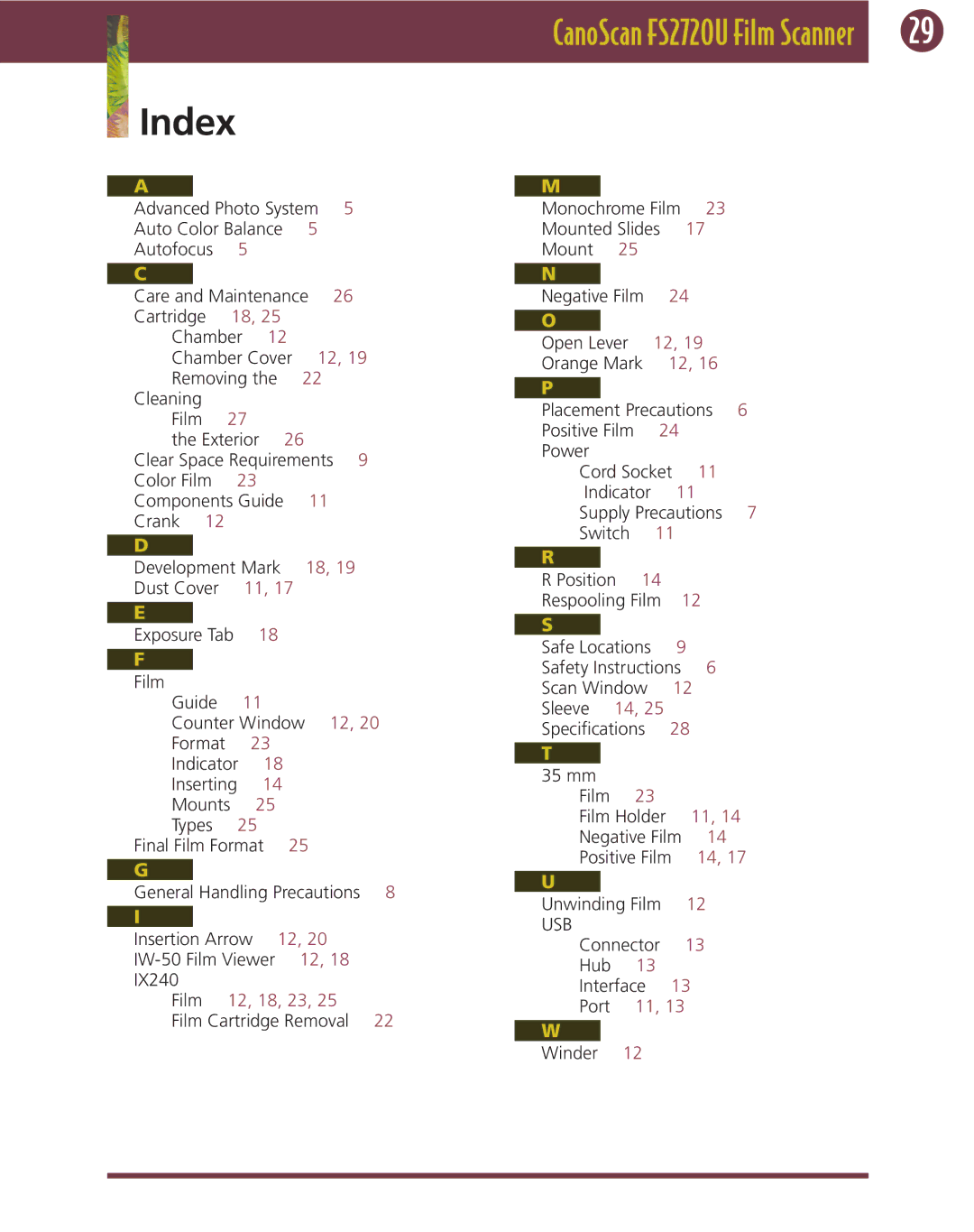Canon FS 2720 U manual Index, CanoScan FS2720U Film Scanner 