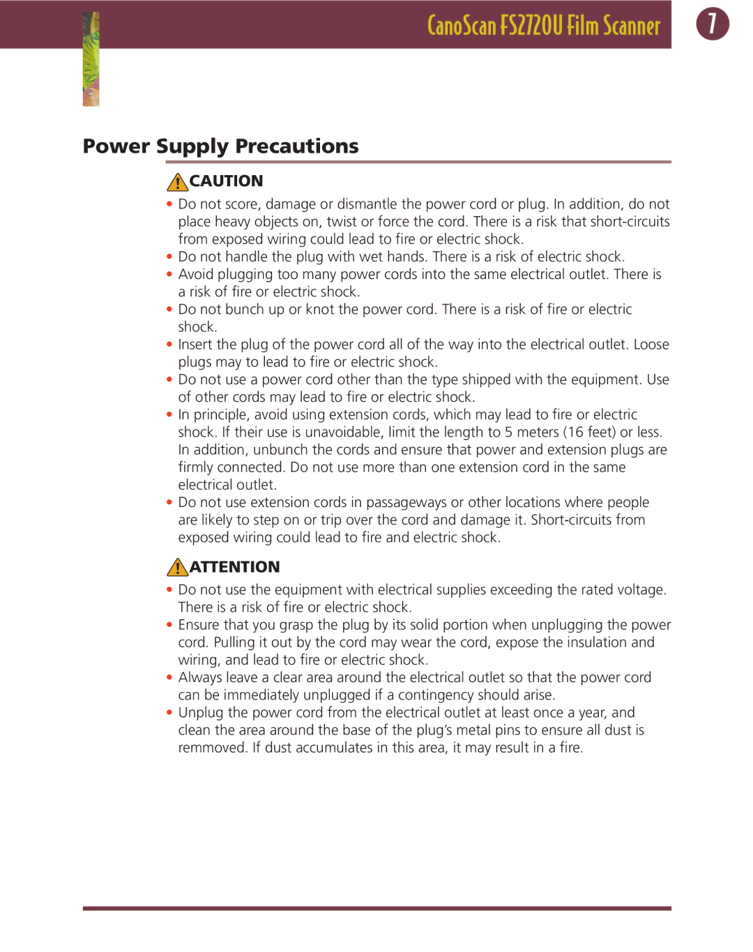 Canon FS 2720 U manual Power Supply Precautions 