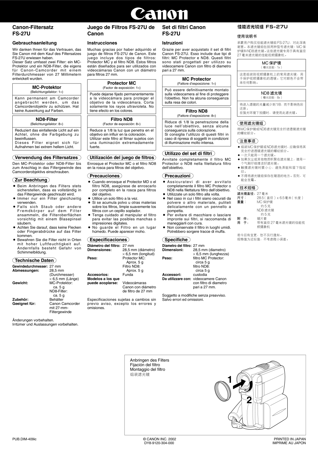 Canon FS-27UMCND8 specifications Canon-Filtersatz FS-27U, Juego de Filtros FS-27U de Canon, Set di filtri Canon FS-27U 