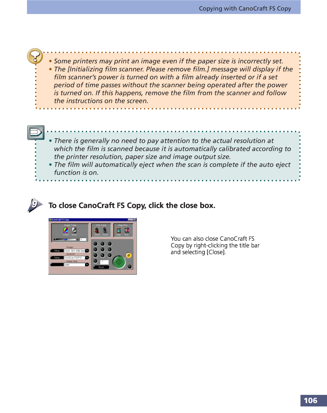 Canon FS 3.6 manual To close CanoCraft FS Copy, click the close box 