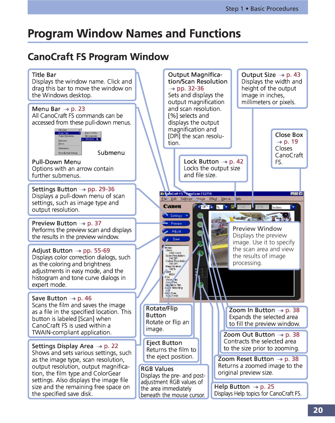 Canon FS 3.6 manual Program Window Names and Functions, CanoCraft FS Program Window 