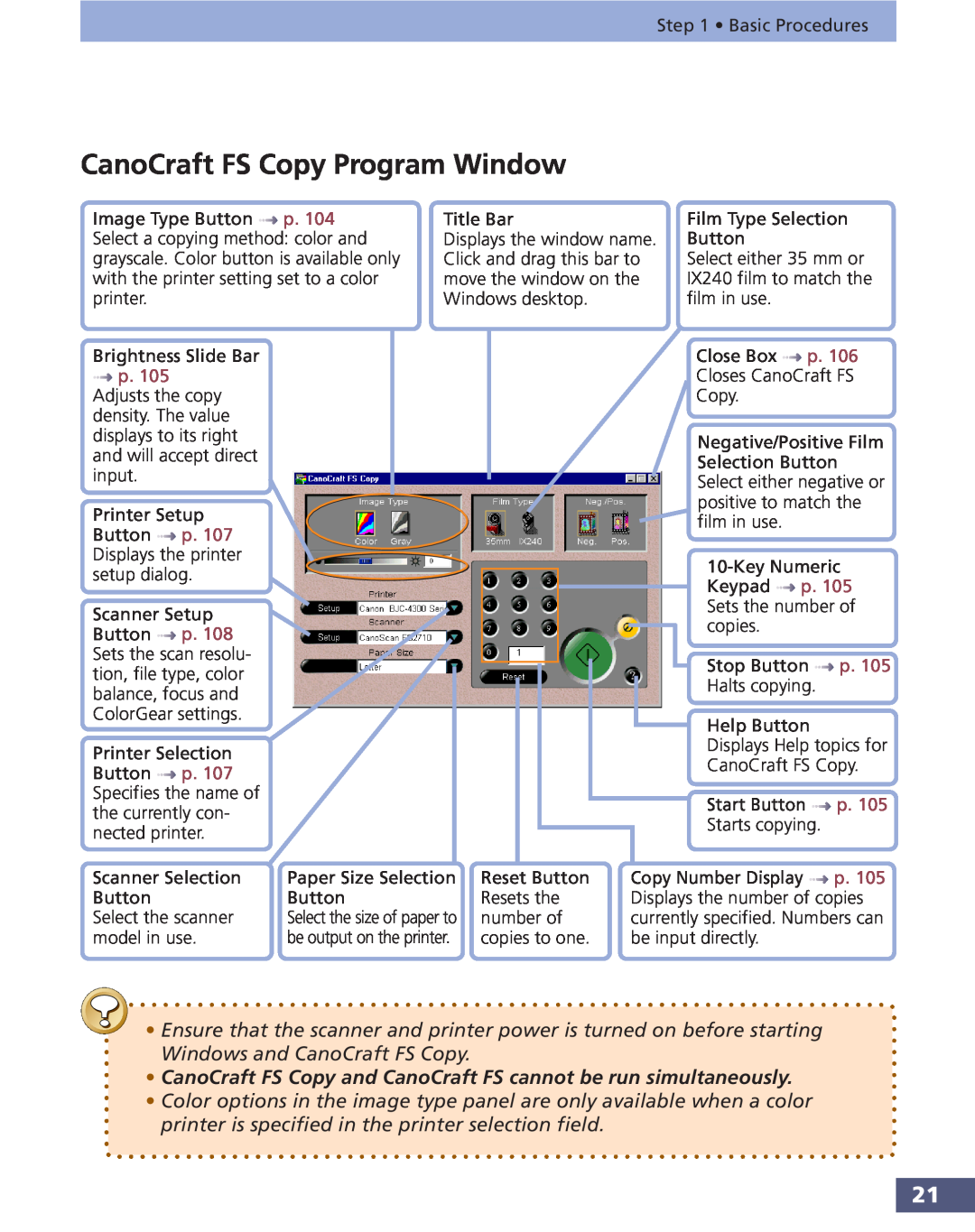 Canon FS 3.6 manual CanoCraft FS Copy Program Window, CanoCraft FS Copy and CanoCraft FS cannot be run simultaneously 