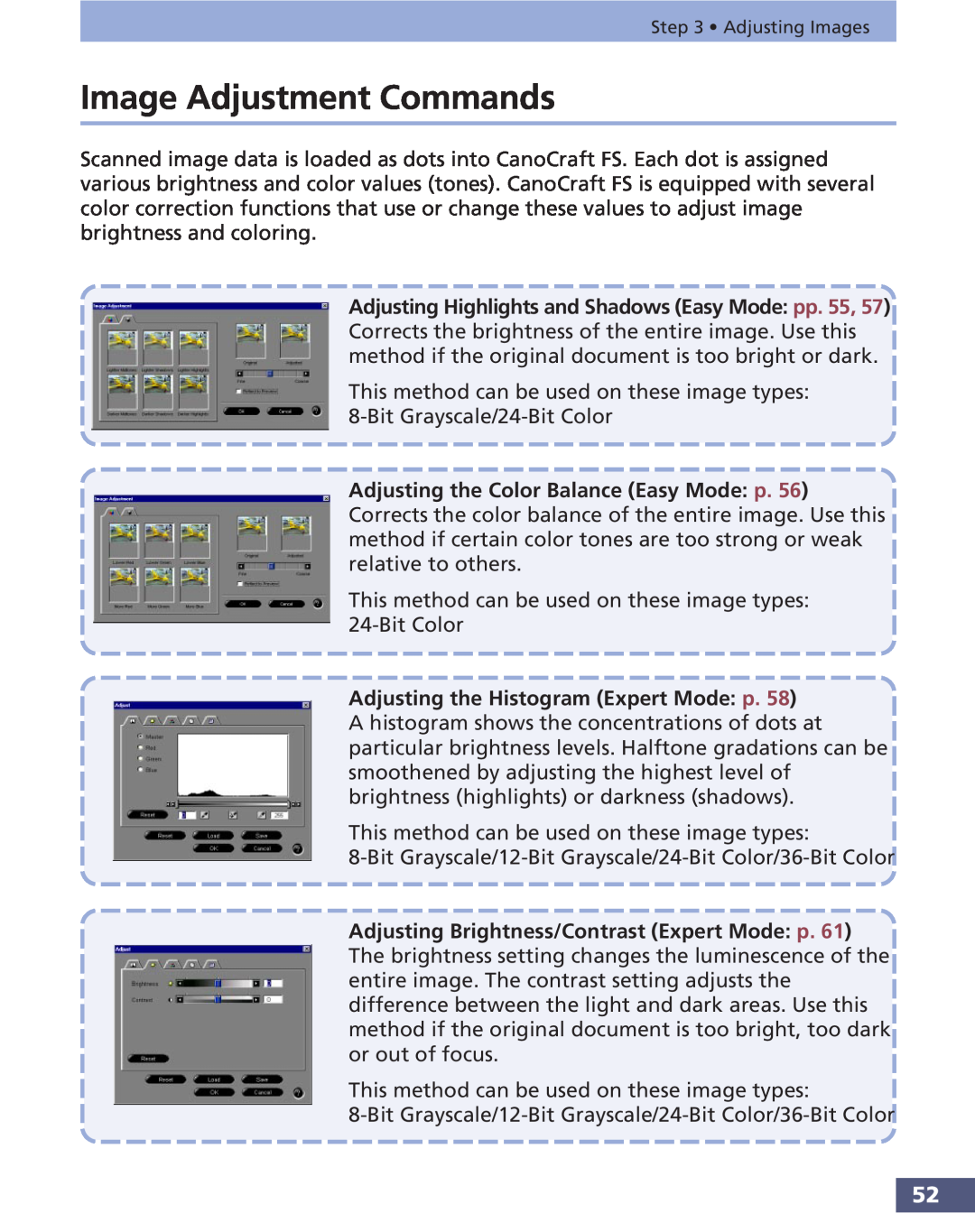 Canon FS 3.6 manual Image Adjustment Commands 