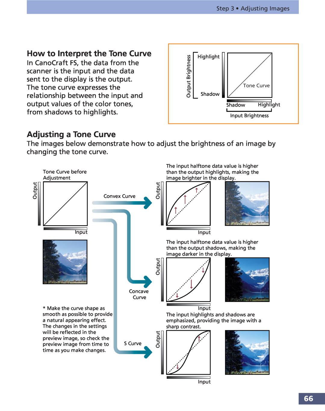 Canon FS 3.6 manual How to Interpret the Tone Curve, Adjusting a Tone Curve, S Curve 