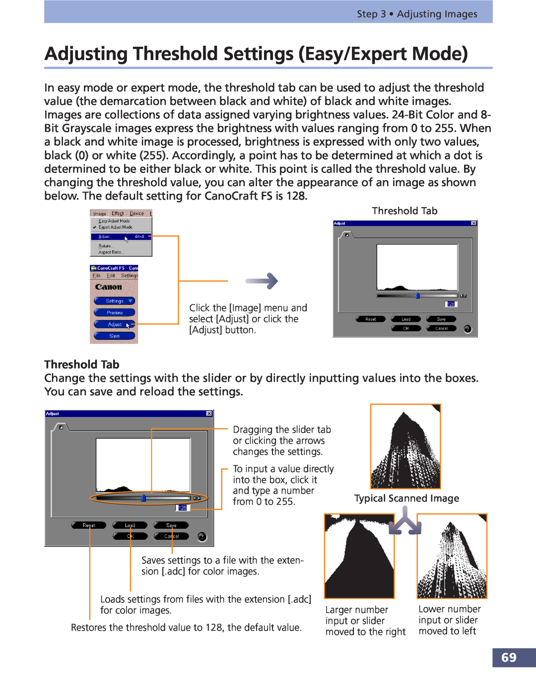 Canon FS 3.6 manual Adjusting Threshold Settings Easy/Expert Mode, Threshold Tab 