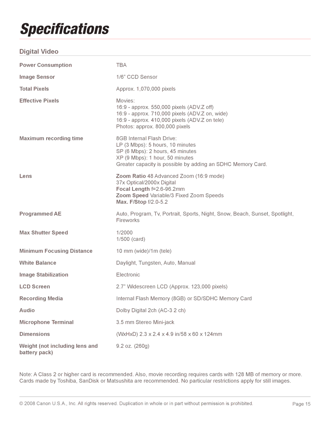 Canon 2686B001, FS10 manual Speciﬁcations, Digital Video 