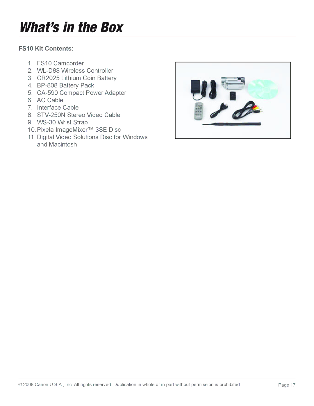 Canon 2686B001 manual What’s in the Box, FS10 Kit Contents 