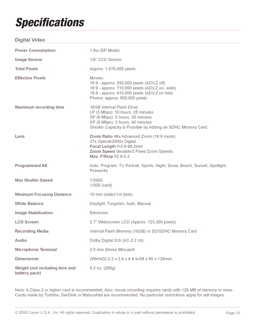 Canon 2685B001, FS11 manual Speciﬁcations, Digital Video 