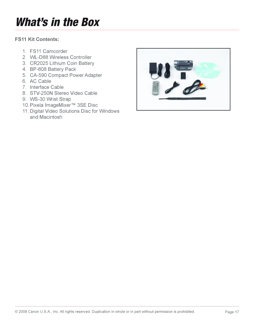 Canon 2685B001 manual What’s in the Box, FS11 Kit Contents 