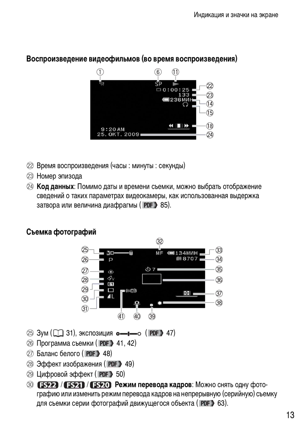 Canon FS21, FS22, FS200 Воспроизведение видеофильмов во время воспроизведения, Съемка фотографий, HS Программа съемки 