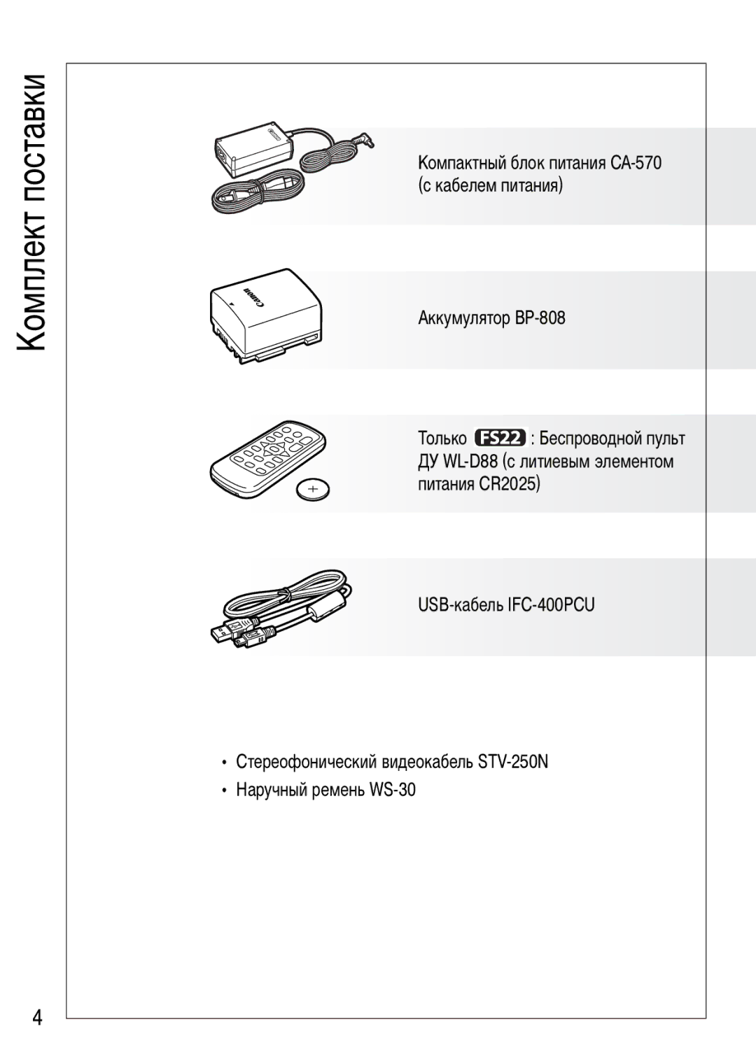 Canon FS21, FS22, FS200 manual Комплект поставки, Аккумулятор BP-808 