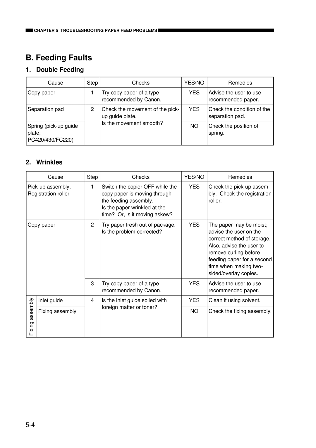 Canon FY8-23AV-000 manual Feeding Faults, Double Feeding, Wrinkles 