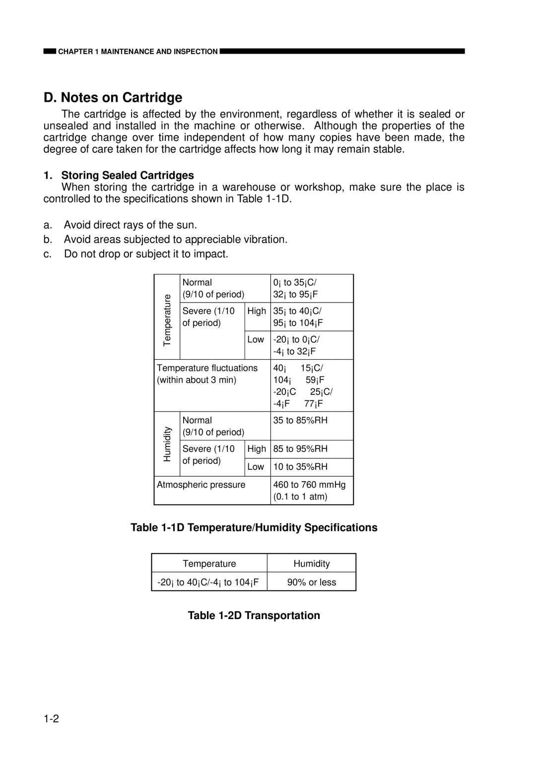 Canon FY8-23AV-000 manual Storing Sealed Cartridges, 1D Temperature/Humidity Specifications, 2D Transportation 