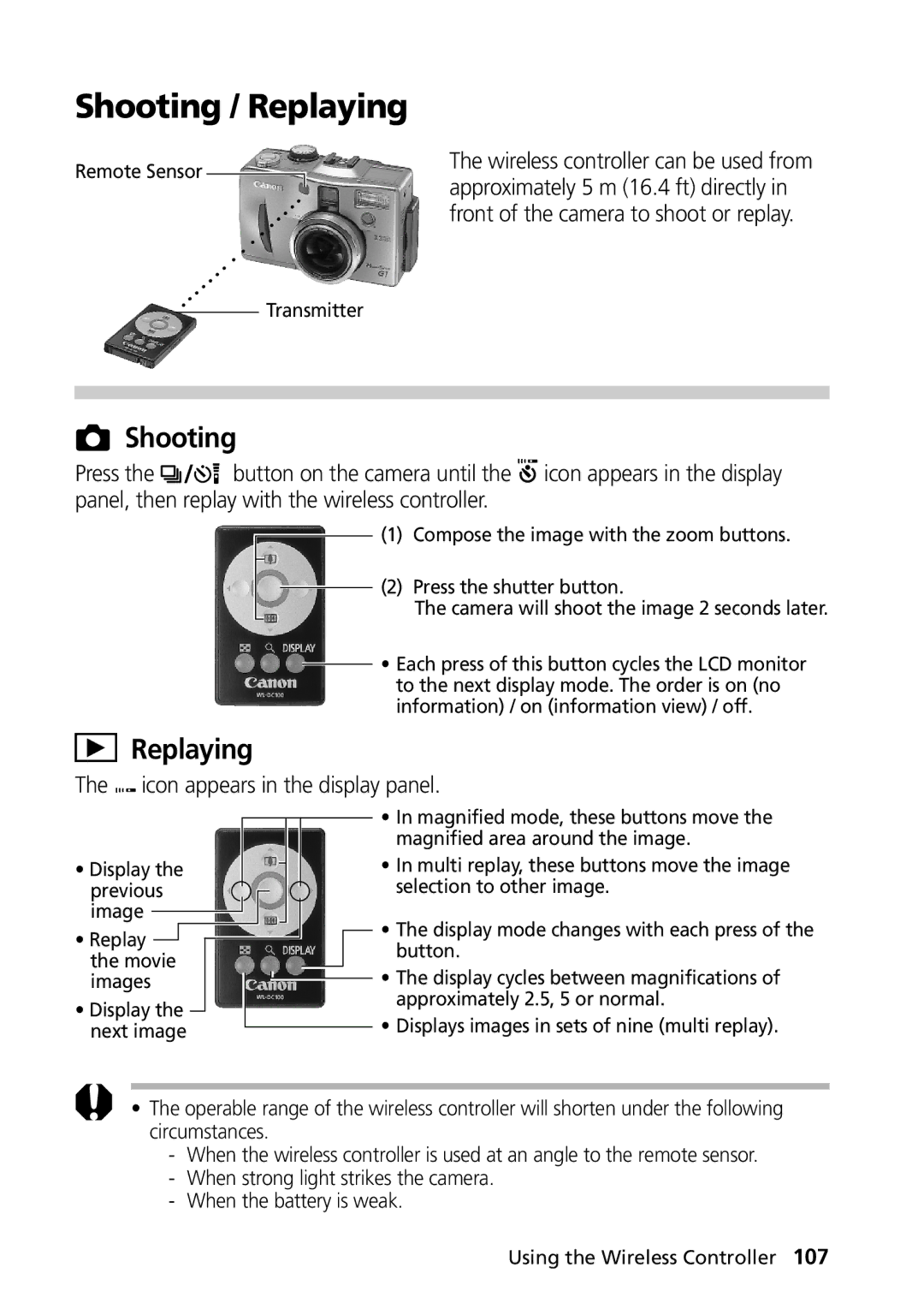 Canon G1 manual Shooting / Replaying, Press Button on the camera until, Panel, then replay with the wireless controller 