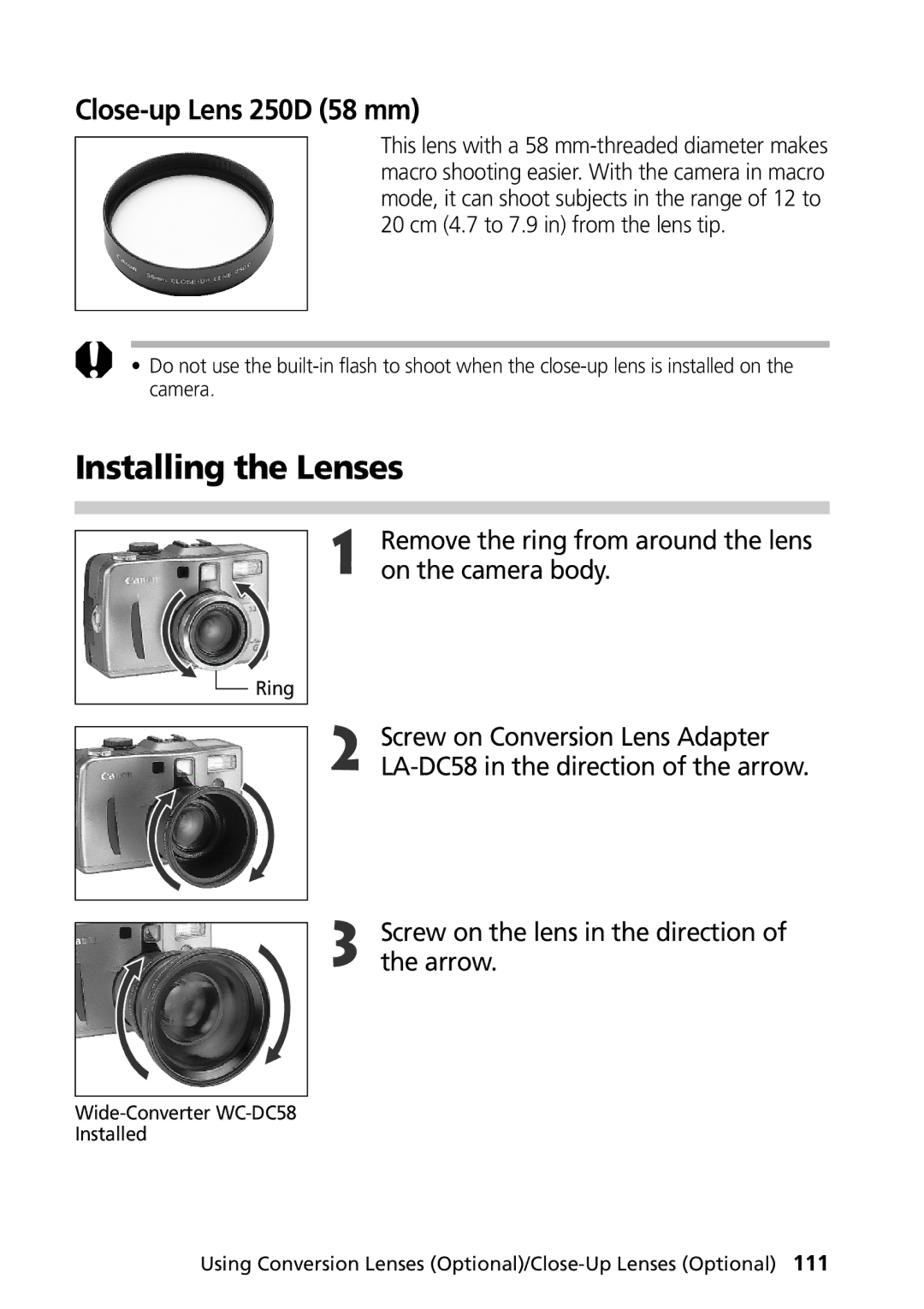 Canon G1 manual Installing the Lenses, Close-up Lens 250D 58 mm, Remove the ring from around the lens, On the camera body 