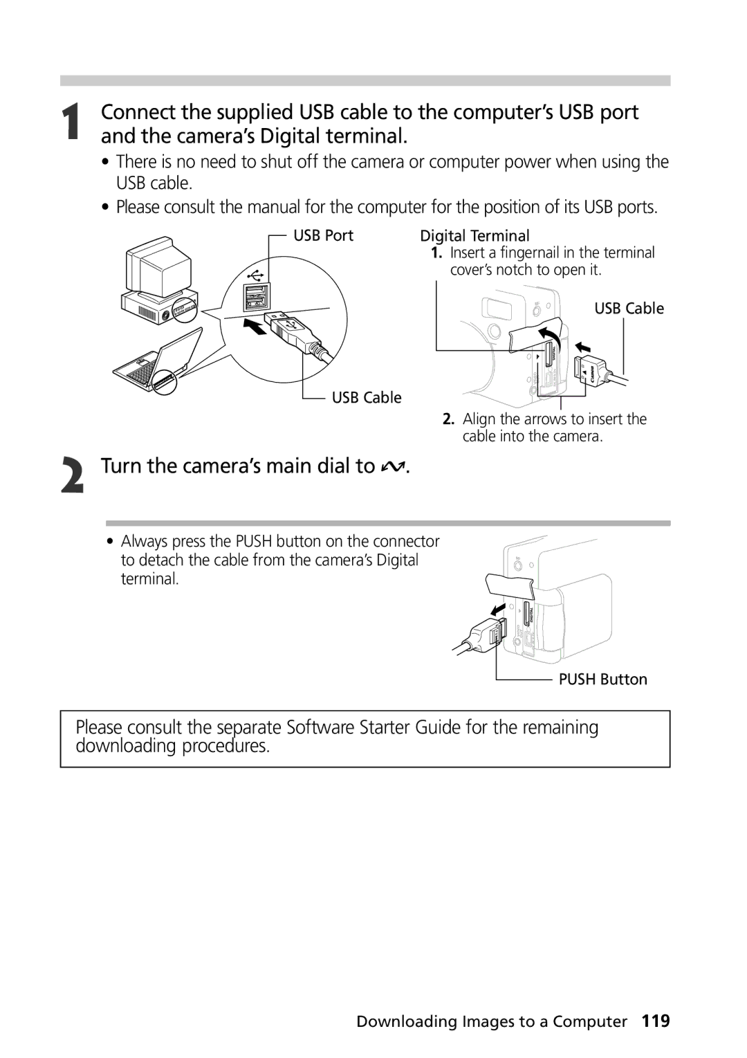 Canon G1 manual Connect the supplied USB cable to the computer’s USB port, Camera’s Digital terminal 