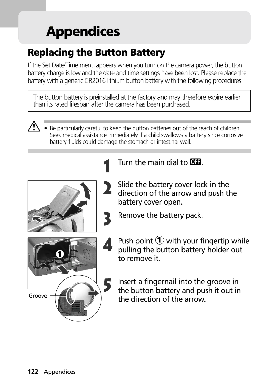 Canon G1 manual Appendices, Replacing the Button Battery 