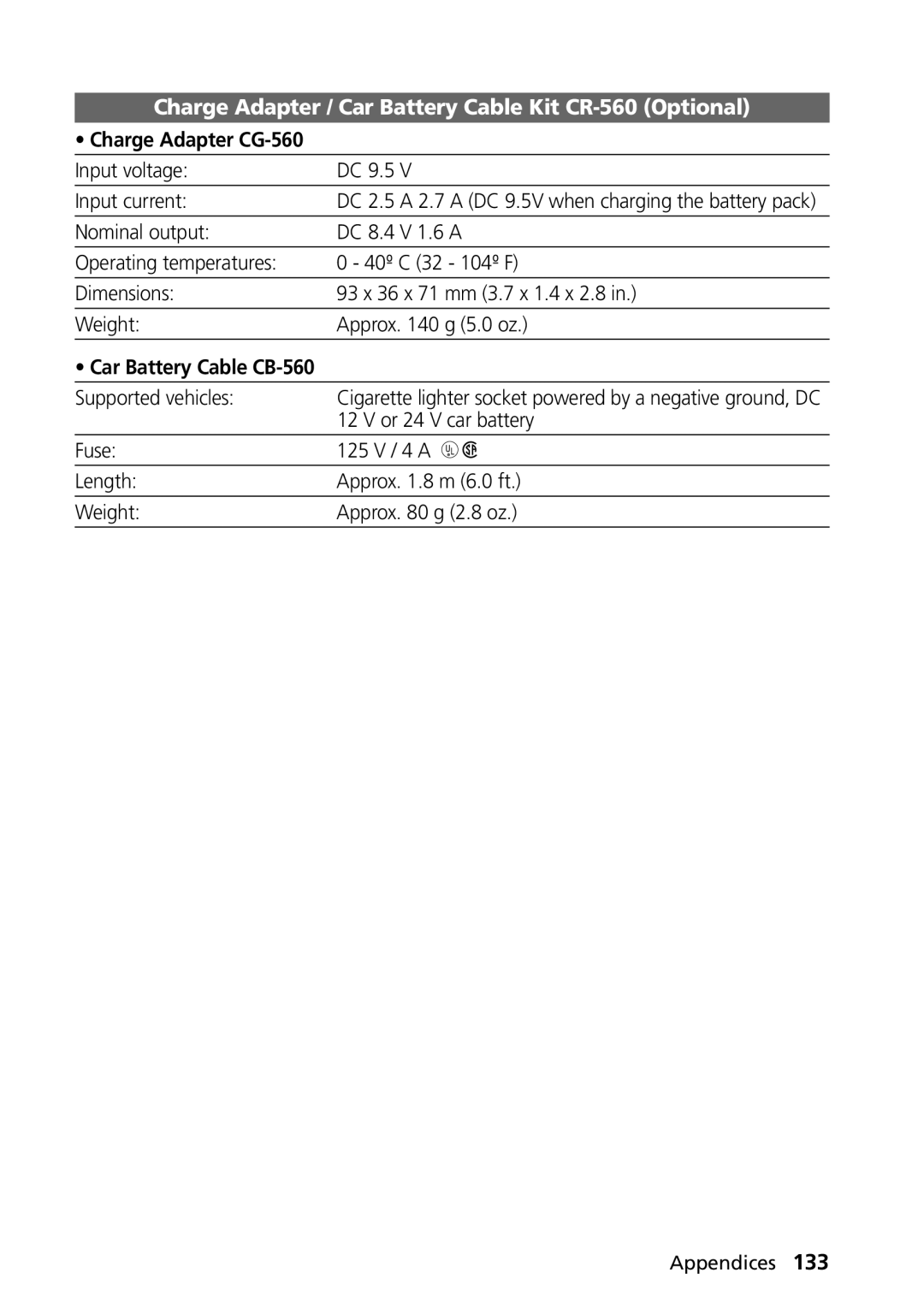 Canon G1 manual Charge Adapter CG-560, Input voltage Input current, Car Battery Cable CB-560, Supported vehicles 