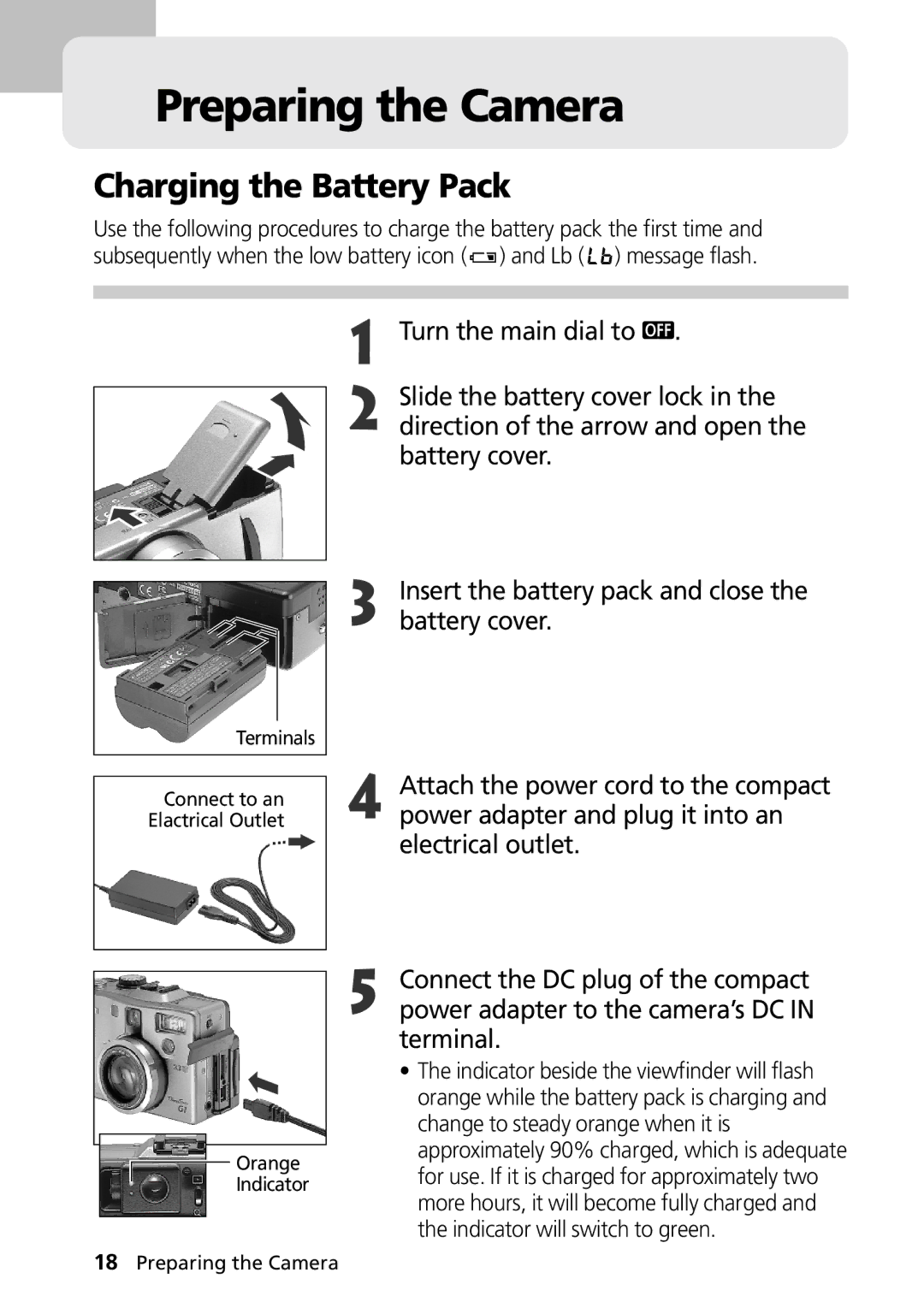 Canon G1 manual Preparing the Camera, Charging the Battery Pack, Change to steady orange when it is 